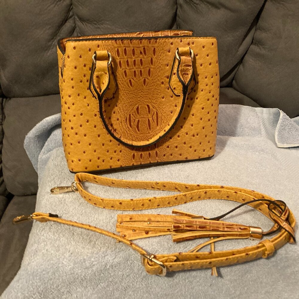 Yellow Faux Ostrich HandBag Purse-Handle+Crossbody Strap-10.5"L- 4.5"W-8.5"D-EUC